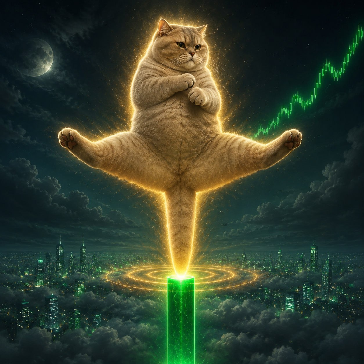 KAT balancing in a wide stance above a green city candle